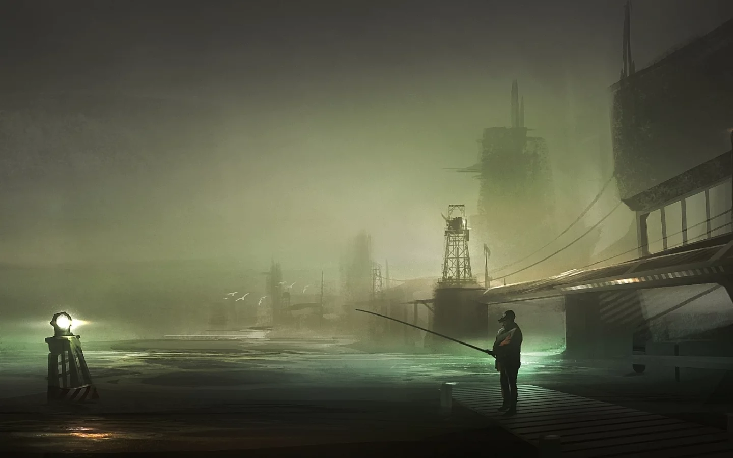 harbor, fisherman, рыбак, арт, ночь, пирс, by yobarte