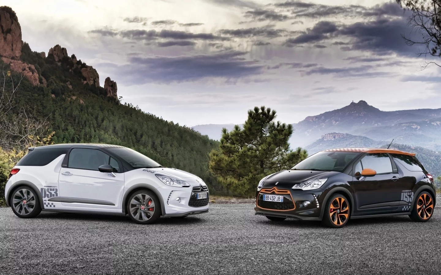 пейзаж, небо, горы, citroen, рэйсинг, дс3, чёрный, ситроен, racing, ds3, белый, дерево