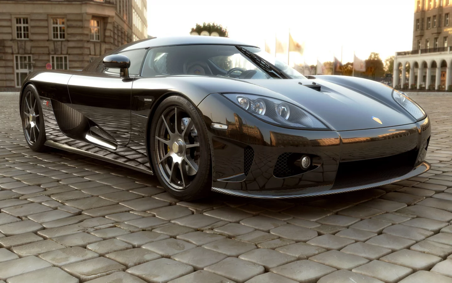 город, koenigsegg, мостовая, флаги, здания, ccx