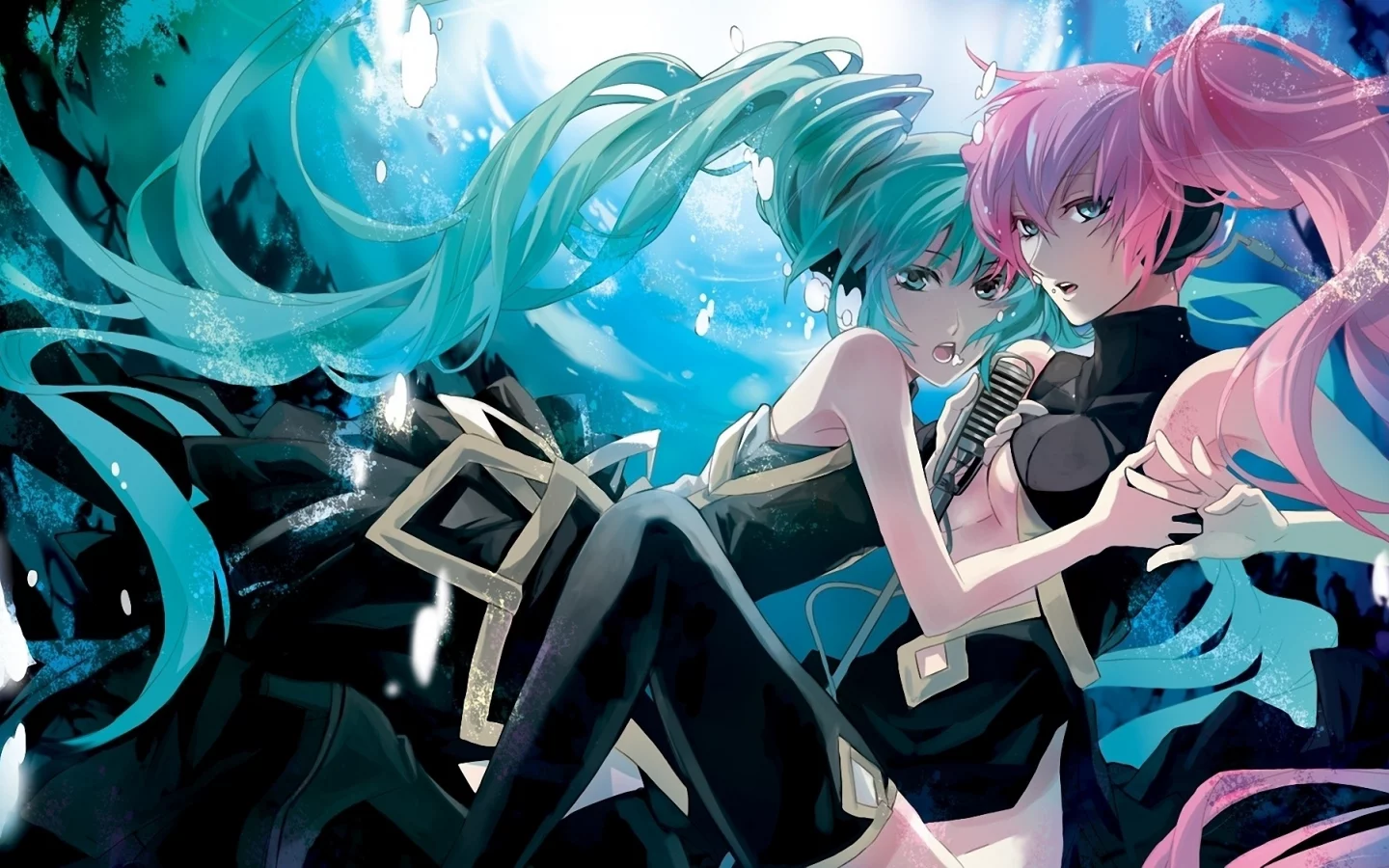 девушки, hatsune miku, микрофон, vocaloid, megurine luka, абстракция