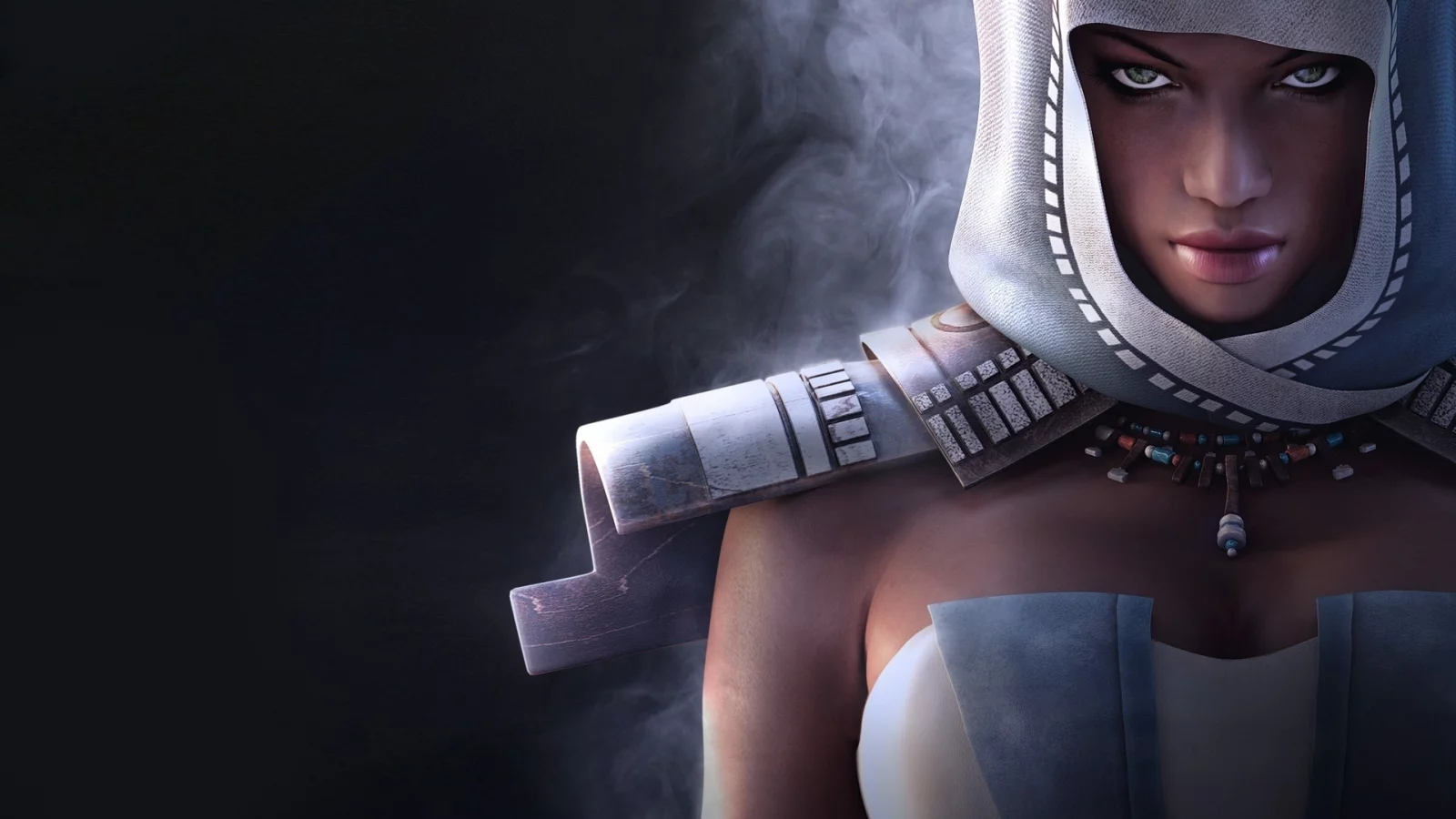 темный фон, девушка, туман, guild wars nightfall, капюшон
