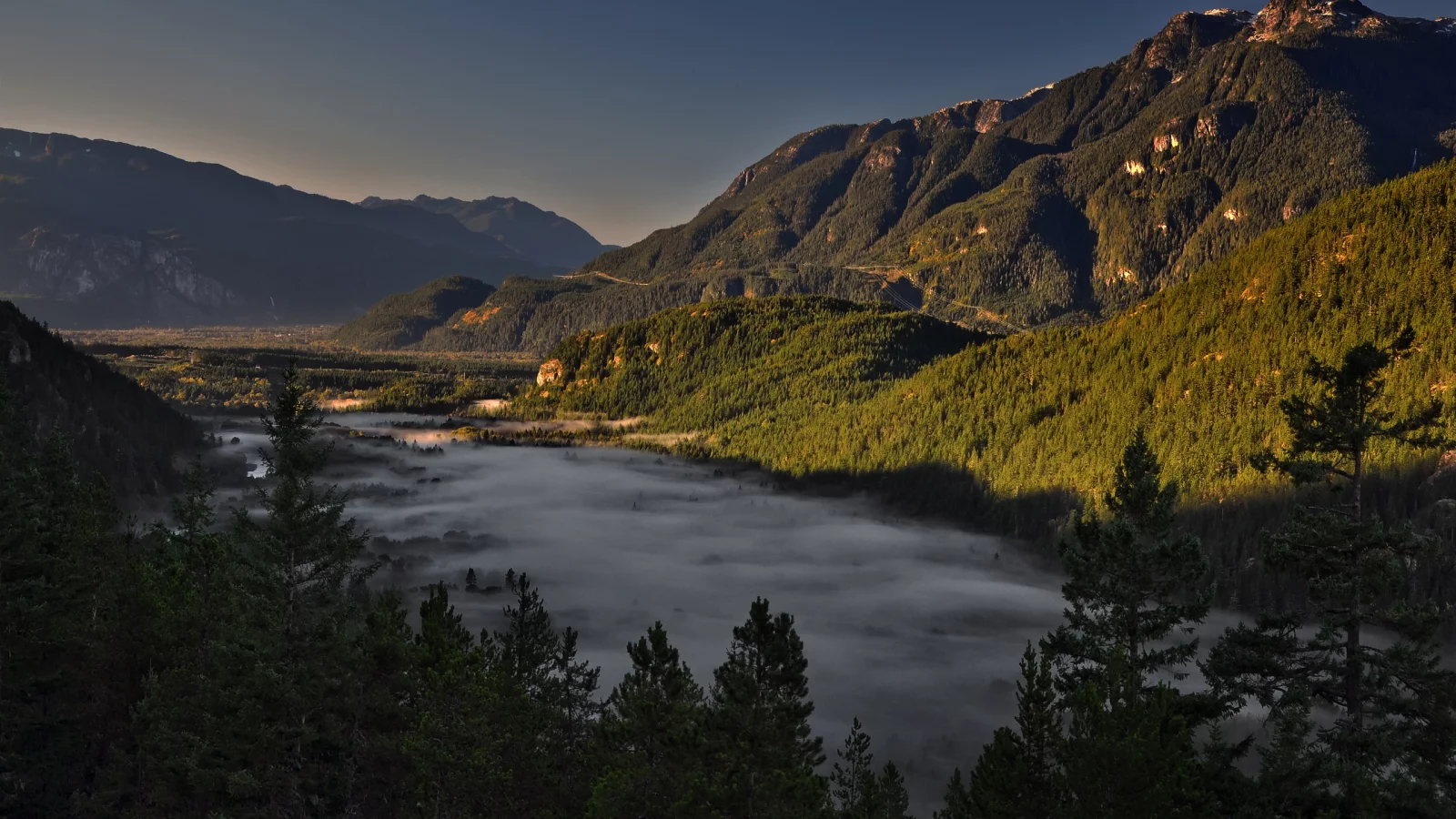 скалы, лес, долина, деревья, горы, канада, туман, squamish valley, сквамиш