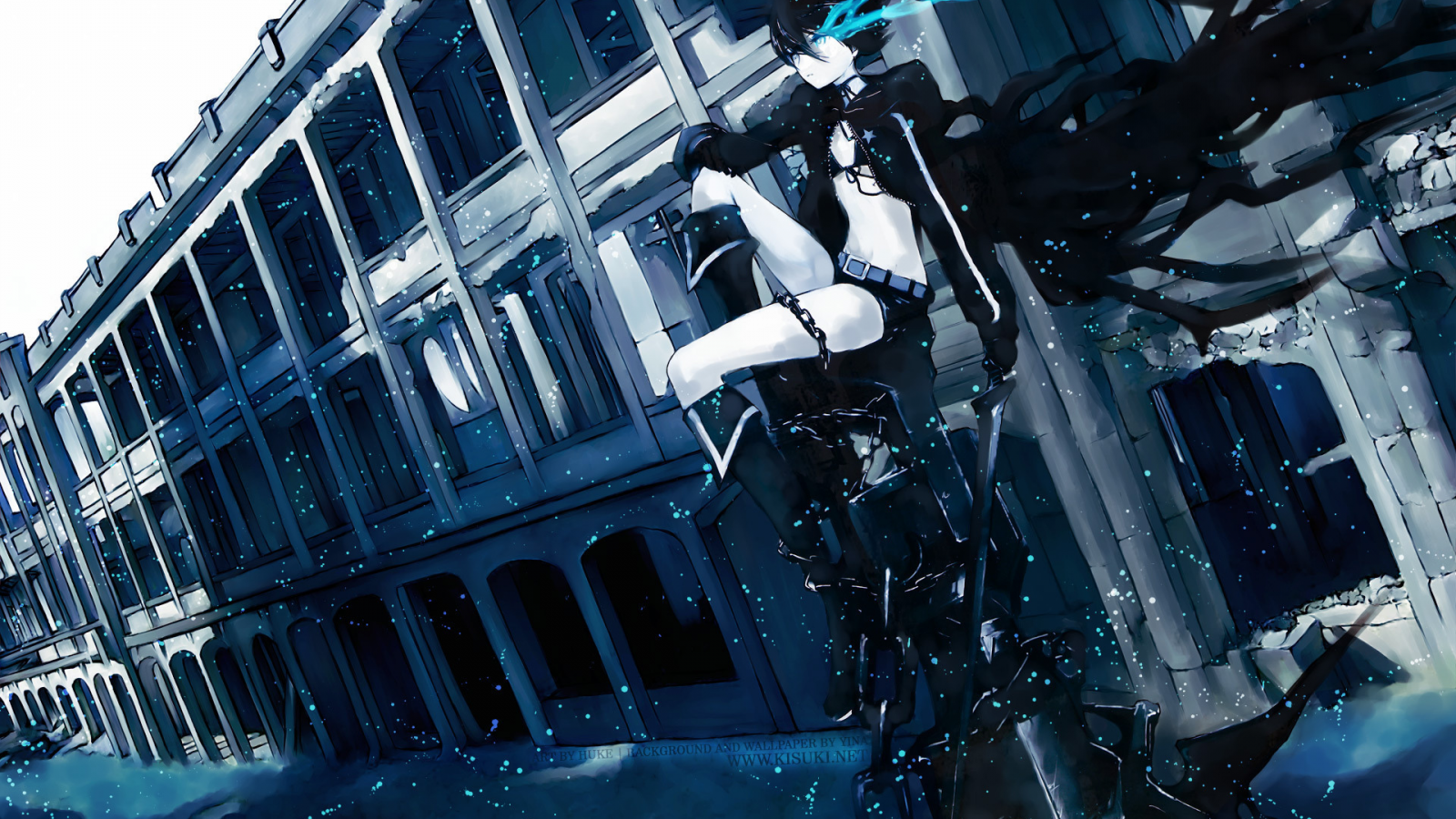 Картинка на рабочий стол black rock shooter, город, цепи, стрелок с чёрной  скалы, аниме, снег, синобу ёсиока, мато курои 1600 x 900