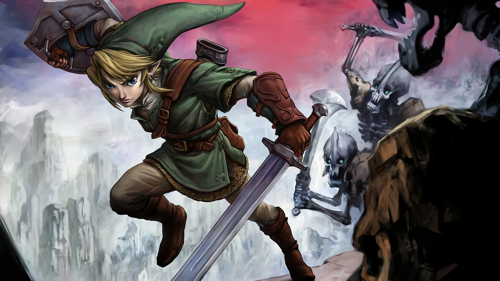 парень, щит, эльф, нежить, скалы, меч, zelda, link, битва, скелеты
