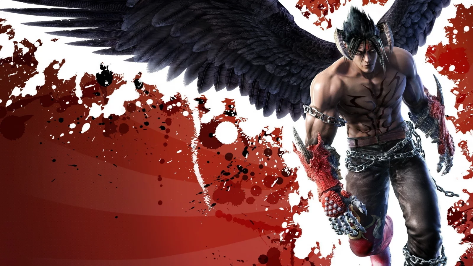 красный фон, взгляд, крылья, цепи, воин, devil jin, экипировка