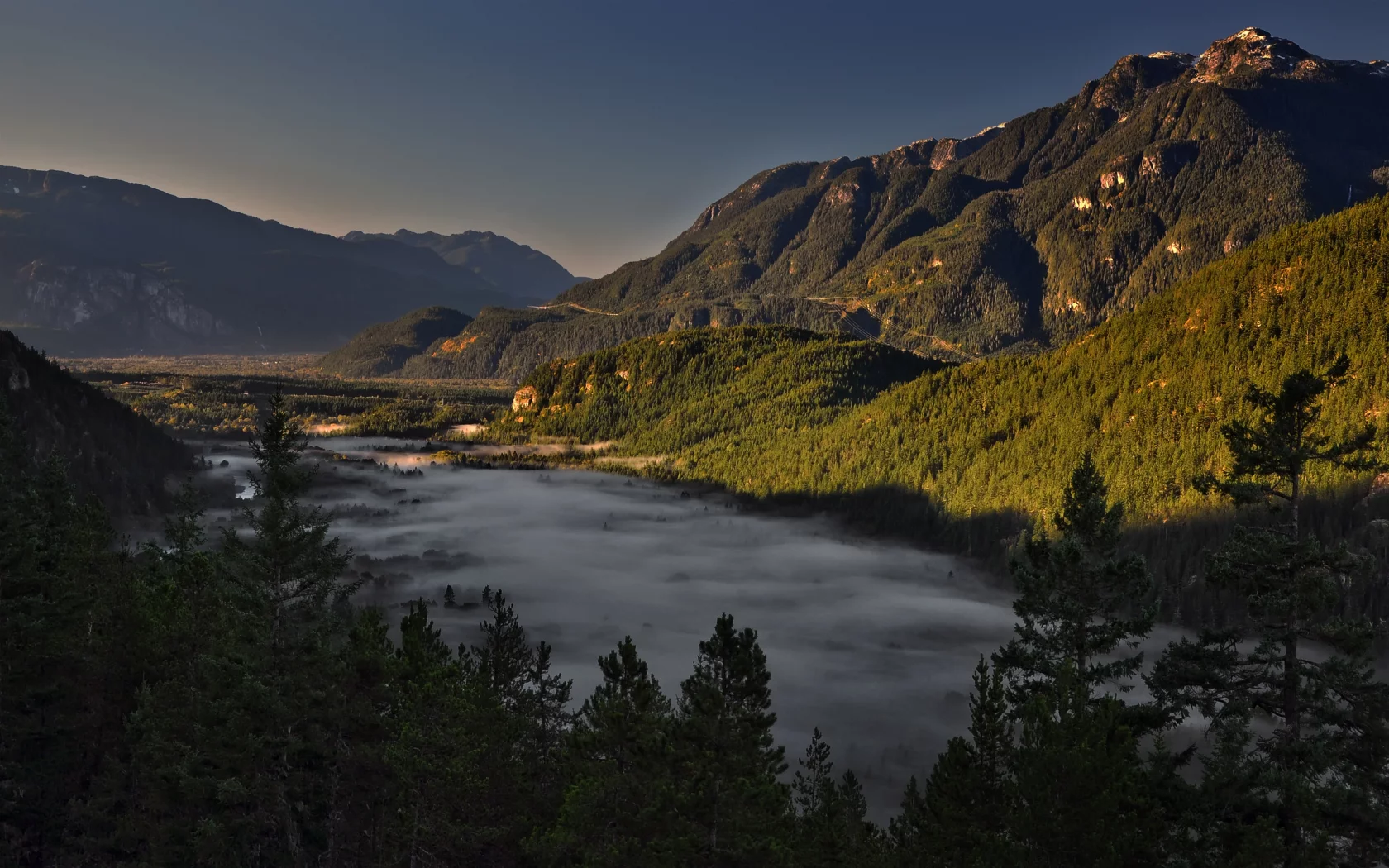 скалы, лес, долина, деревья, горы, канада, туман, squamish valley, сквамиш