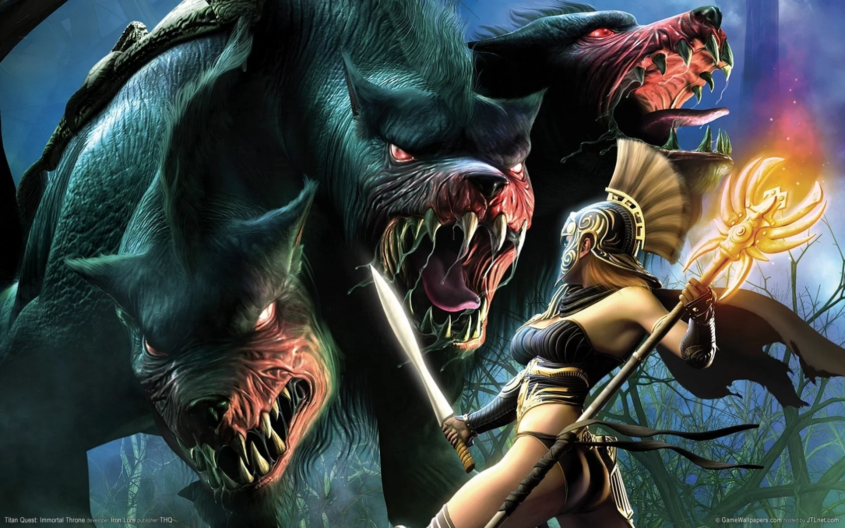 immortal throne, пасть, меч, собака, titan quest, битва, девушка, цербер, монстр, посох