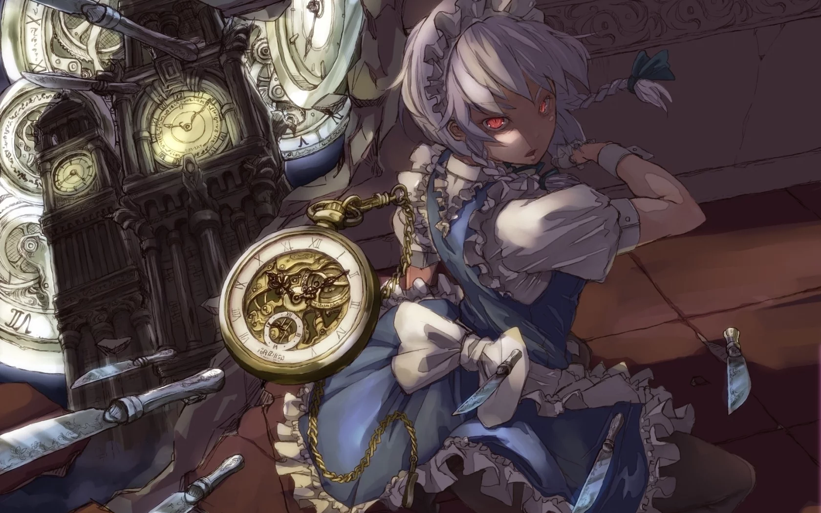 часы, горничная, touhou, ножи, рисунок, девушка, красные глаза