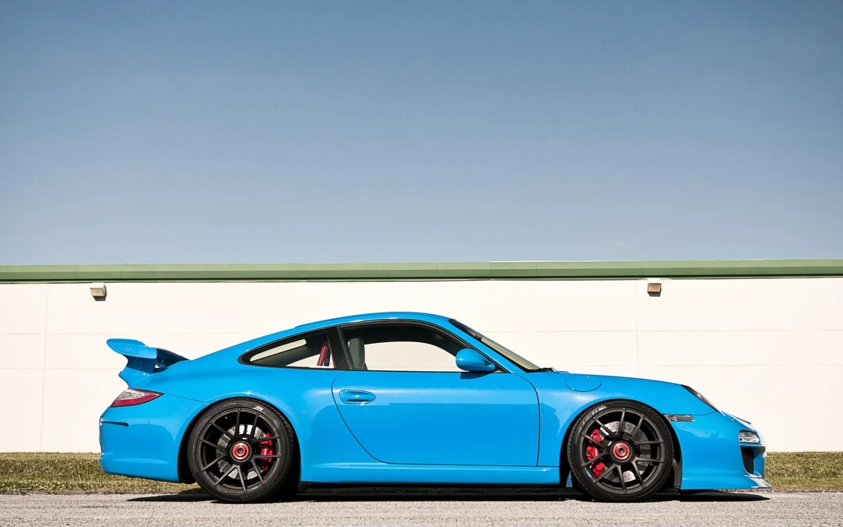 голубой, тюнинг, porsche, порше, суперкар, 911, вид сбоку, tuning, небо, забор, gt3, гт3