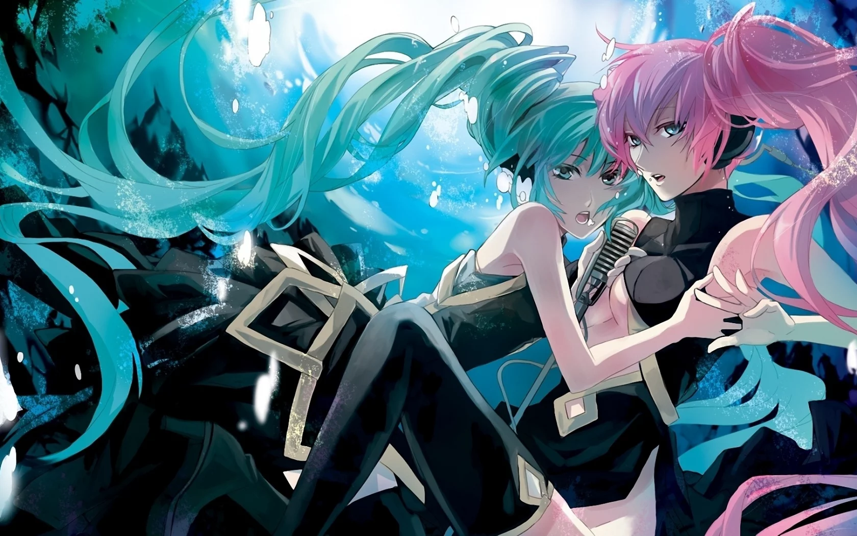 девушки, hatsune miku, микрофон, vocaloid, megurine luka, абстракция