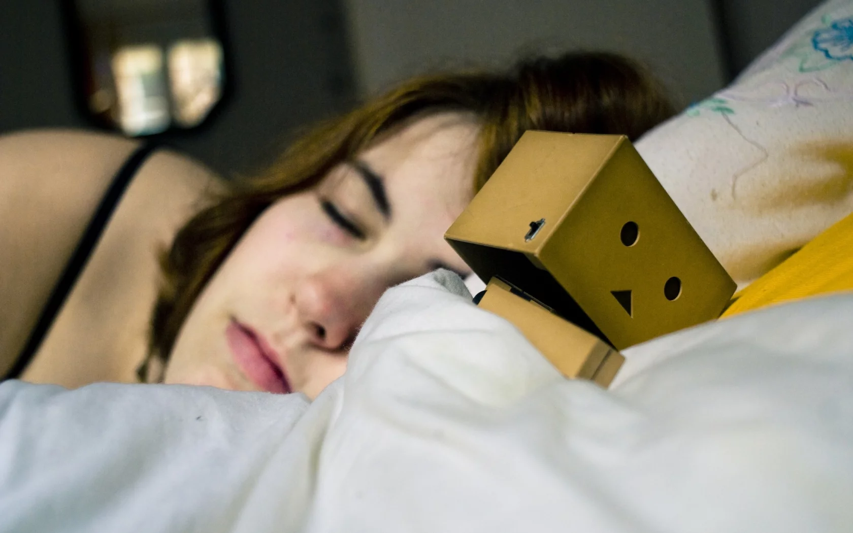 сон, коробка, девушка, кровать, подушка, одеяло, danbo