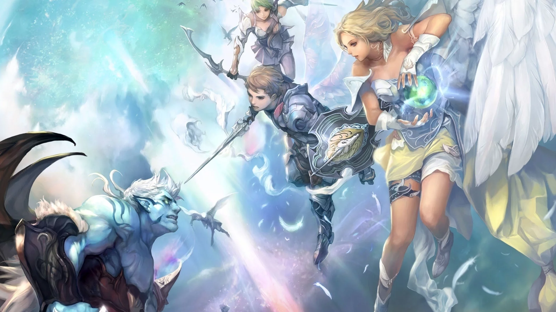 ангел, крылья, битва, перья, девушки, aion, оружие, tower of eternity, меч, демон, магия