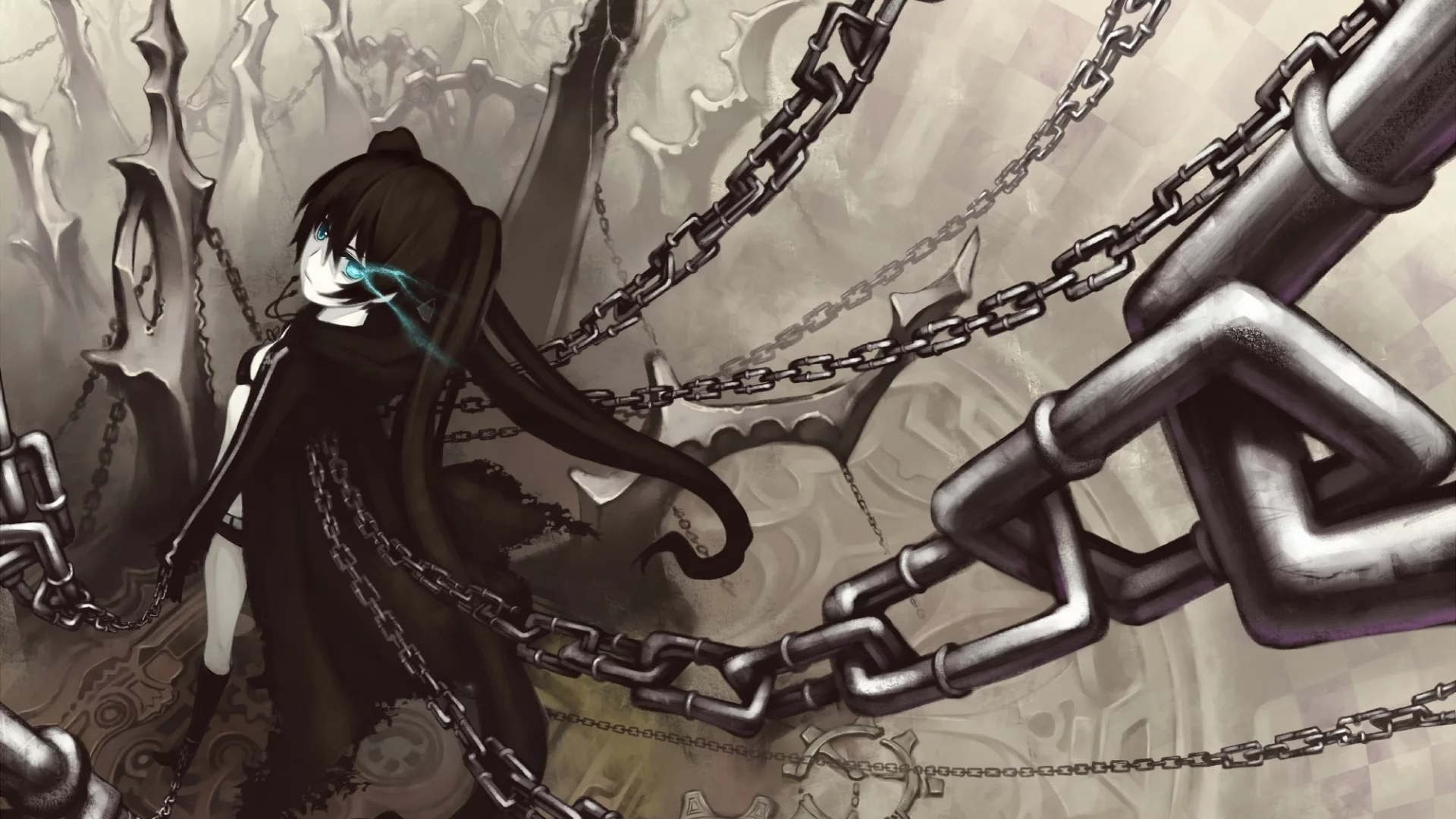 цепи, black rock shooter, девушка, мато, стрелок с чёрной скалы, оружие
