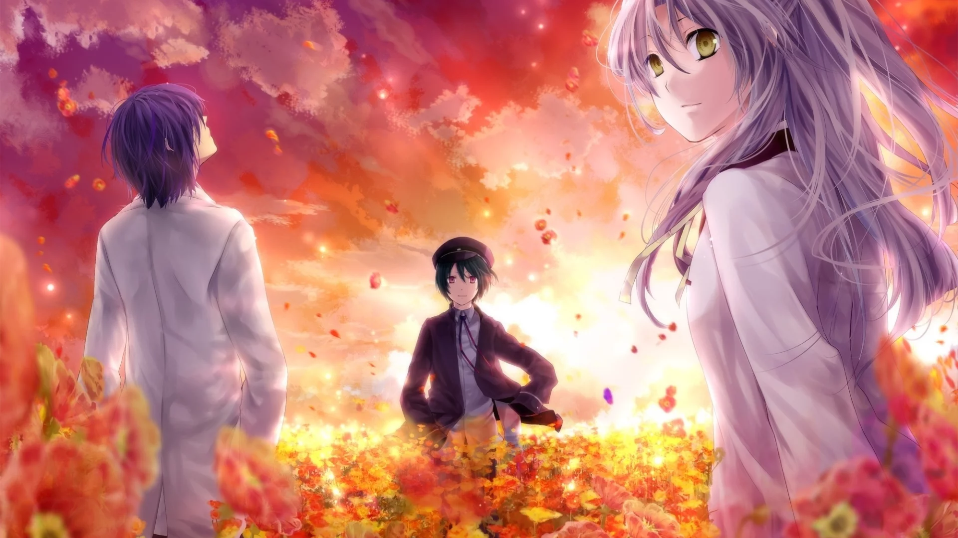 канадэ татибана, хидэки хината, angel beats, небо, аято наои, цветы