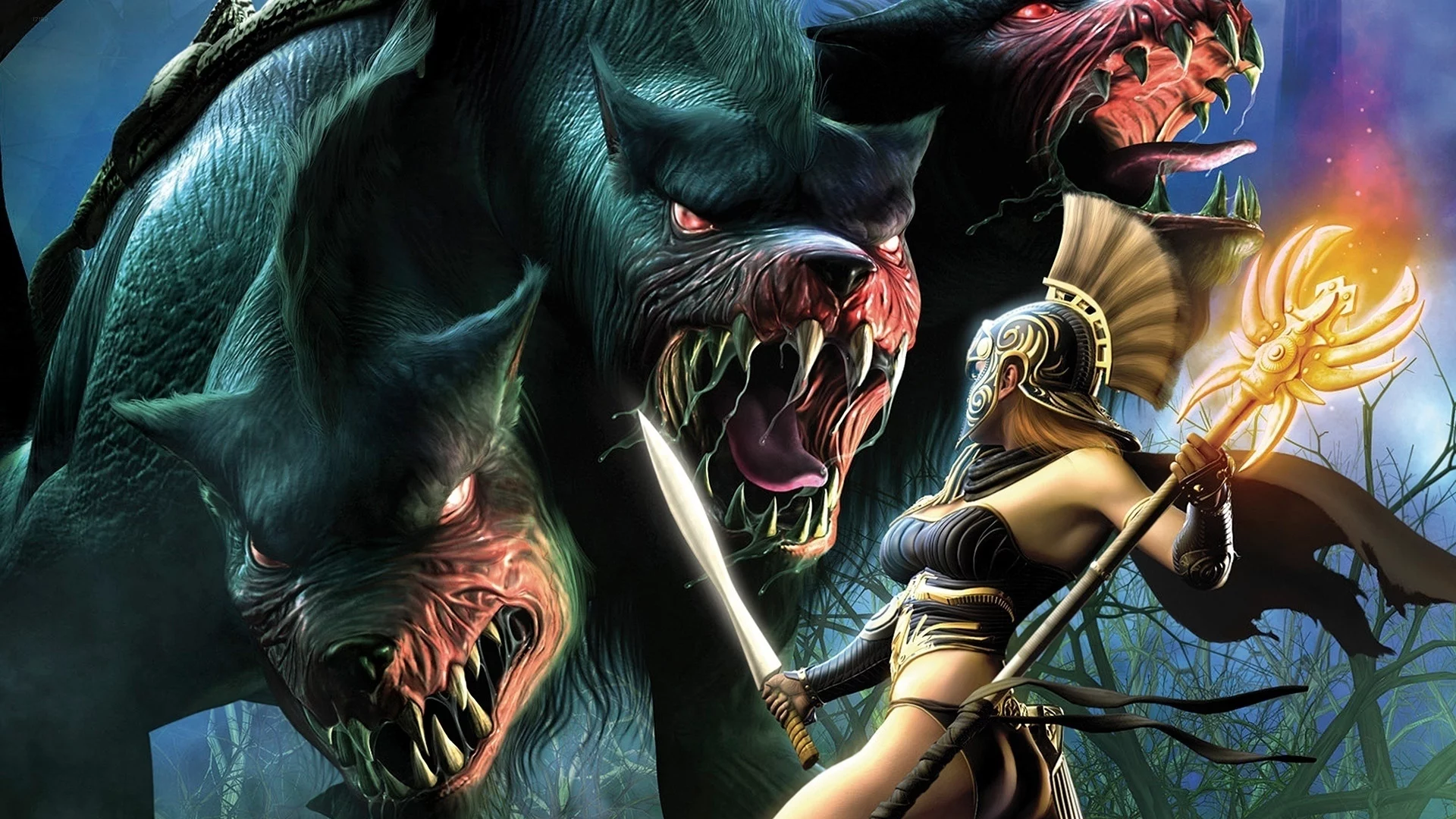 immortal throne, пасть, меч, собака, titan quest, битва, девушка, цербер, монстр, посох