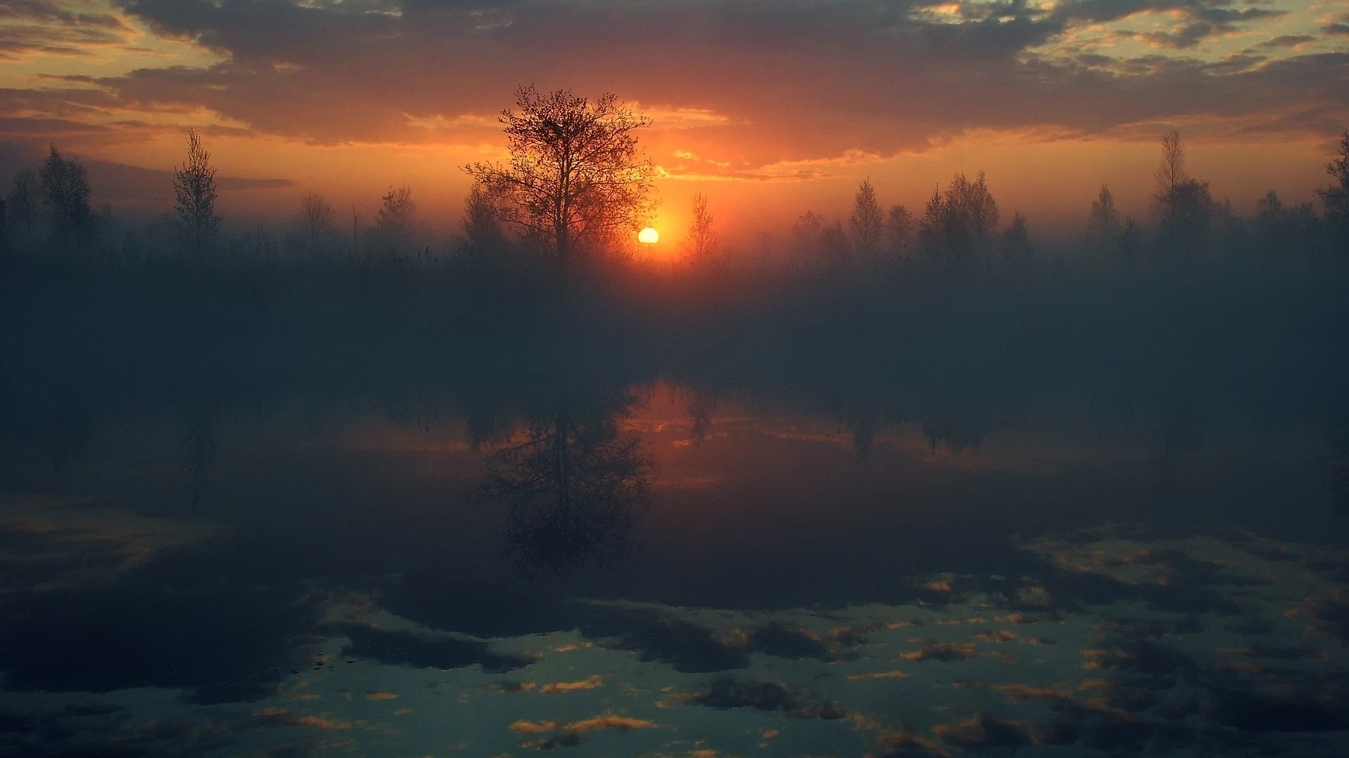 солнце, небо, вода, отражение, деревья