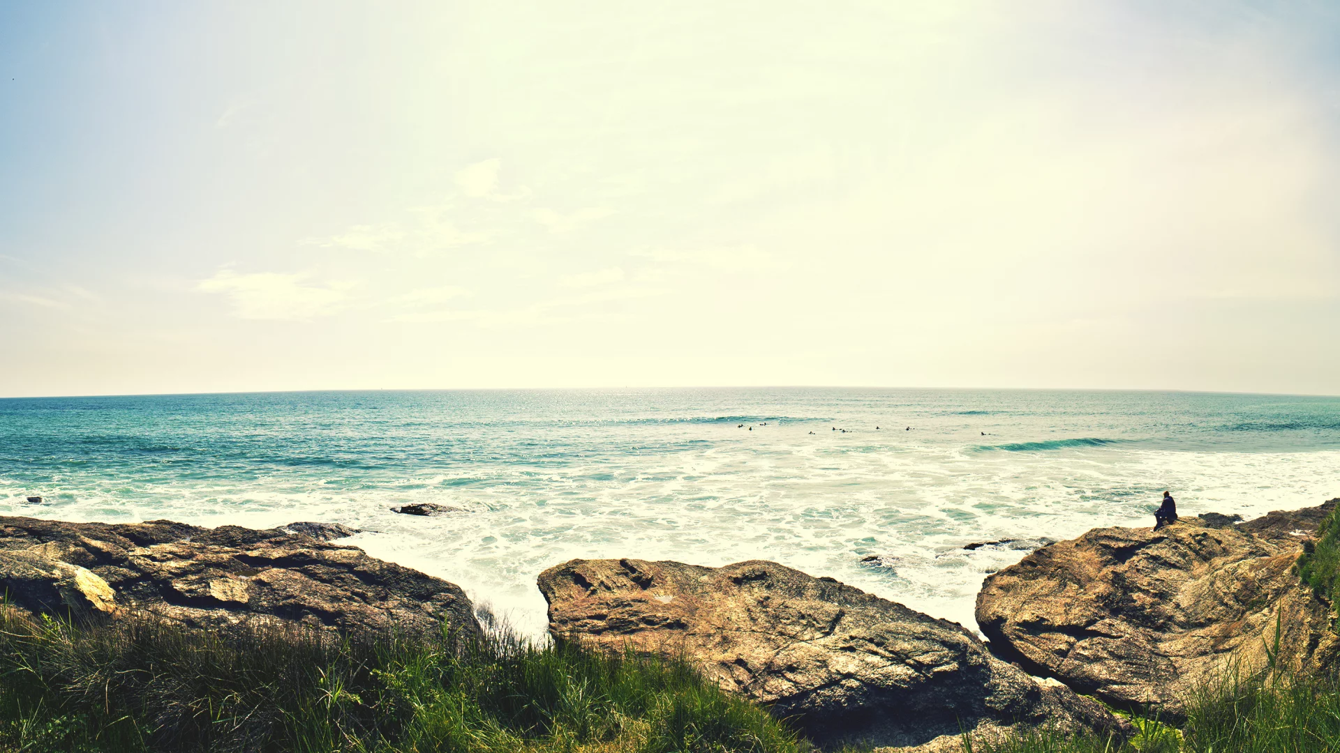 горизонт, волны, трава, море, камни, пейзажи, landscape, вода