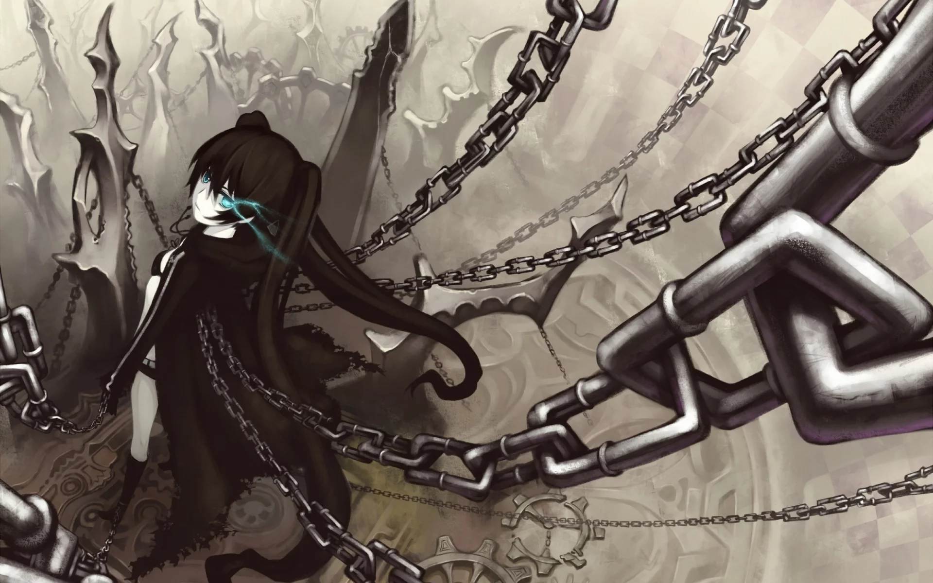 цепи, black rock shooter, девушка, мато, стрелок с чёрной скалы, оружие