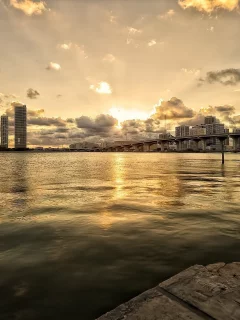 река, майами, мост, вечер, дома, miami, город, облака, здания, закат