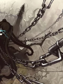 цепи, black rock shooter, девушка, мато, стрелок с чёрной скалы, оружие