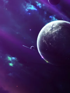 spaceships, туманность, звезды, nebula, планета, cпутники
