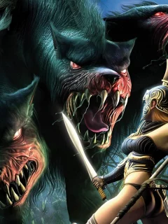 immortal throne, пасть, меч, собака, titan quest, битва, девушка, цербер, монстр, посох