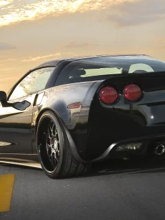 корвет, black, асфальт, z06, закат, чёрный, chevrolet, 360 three sixty forged, задняя часть, разметка, шевроле, corvette