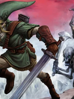 парень, щит, эльф, нежить, скалы, меч, zelda, link, битва, скелеты