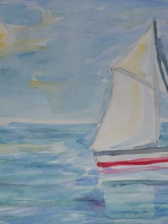 тихо, рисунок, парусник, солнце, море, акварель