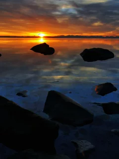 камни, вода, небо, природа, nature, закат, пейзаж, океан, облака, горизонт, солнце, гладь