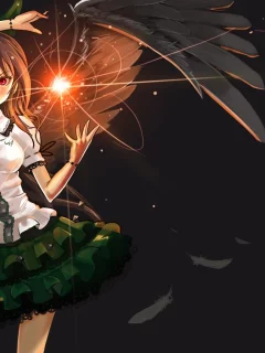 reiuji utsuho, магия, бант, prototype-d, перья, touhou, крылья, девушка, арт, красные глаза