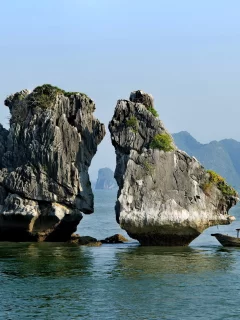 камень, лодка, море, горы, небо, люди, китай