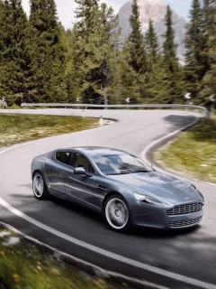 aston martin, деревья, авто, лес, поворот, дорога, размытие