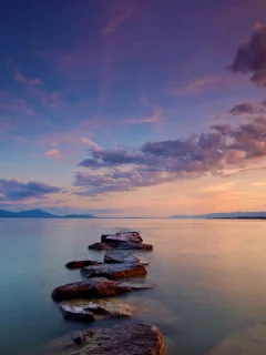 закат, вода, небо, облака, камни