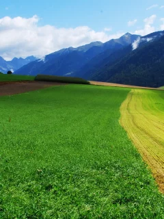 горы, облака, пейзаж, долина, небо, природа, поле, трава, луг, дома