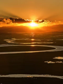 равнина, горы, закат, вода, облака, небо, река, китай
