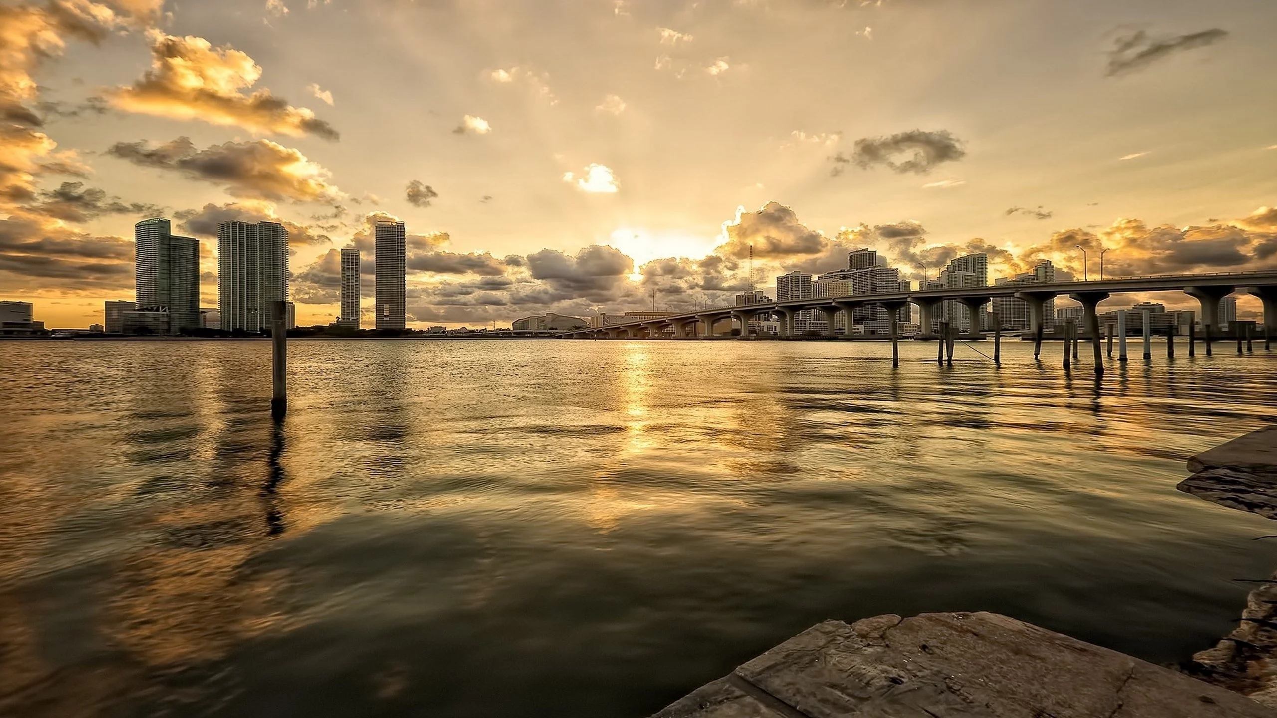 река, майами, мост, вечер, дома, miami, город, облака, здания, закат