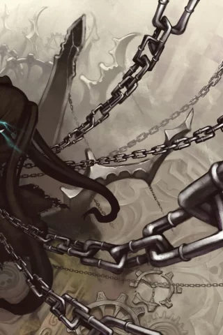 цепи, black rock shooter, девушка, мато, стрелок с чёрной скалы, оружие