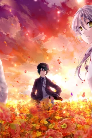 канадэ татибана, хидэки хината, angel beats, небо, аято наои, цветы