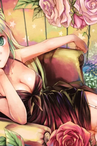 девушка, стул, чулки, hatsune miku, кресло, цветы, розы, vocaloid
