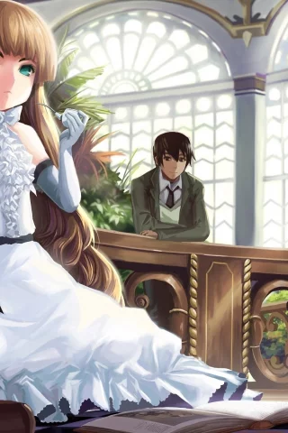 gosick, розы, книги, akizone, арт, цветы, библиотека, парень, victorique de broix, трубка, kujou kazuya, девочка, платье