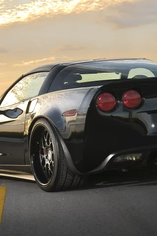 корвет, black, асфальт, z06, закат, чёрный, chevrolet, 360 three sixty forged, задняя часть, разметка, шевроле, corvette