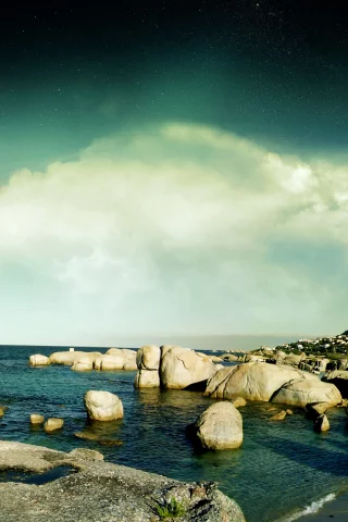небо, вода, камни, воздушный шар, берег, красота