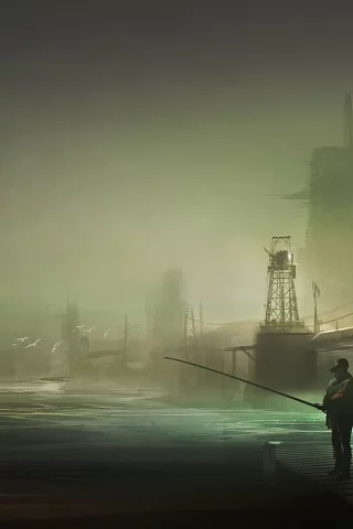 harbor, fisherman, рыбак, арт, ночь, пирс, by yobarte