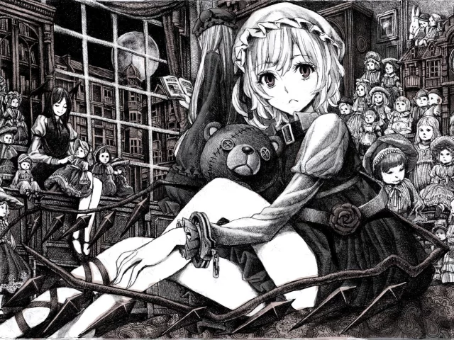 игрушка, anime, рисунок, аниме, мишка, девушка