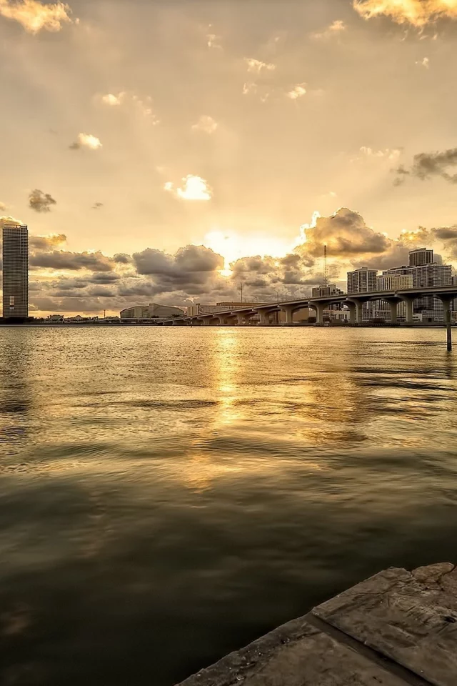 река, майами, мост, вечер, дома, miami, город, облака, здания, закат