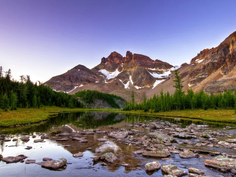 камни, горы, канада, вечер, canada, река, ели