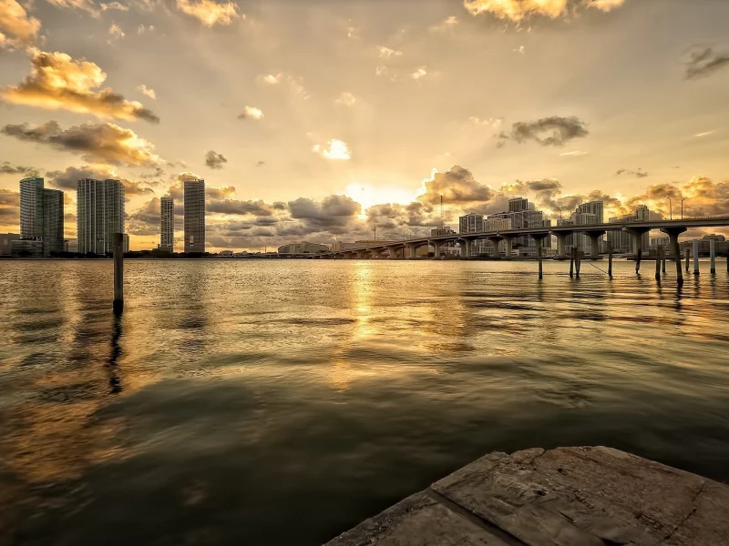 река, майами, мост, вечер, дома, miami, город, облака, здания, закат
