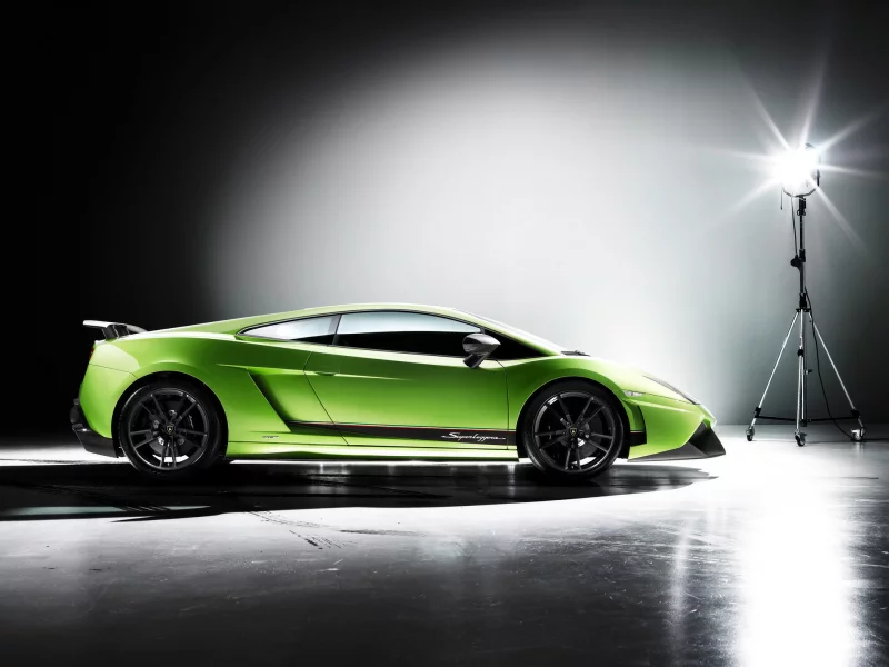 lamborghini-gallardo, зеленая, прожектор, ангар
