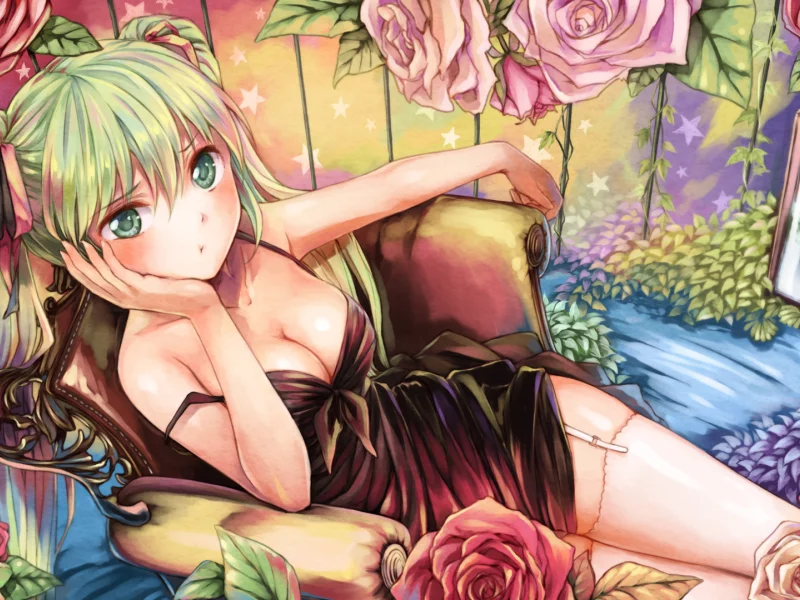 девушка, стул, чулки, hatsune miku, кресло, цветы, розы, vocaloid